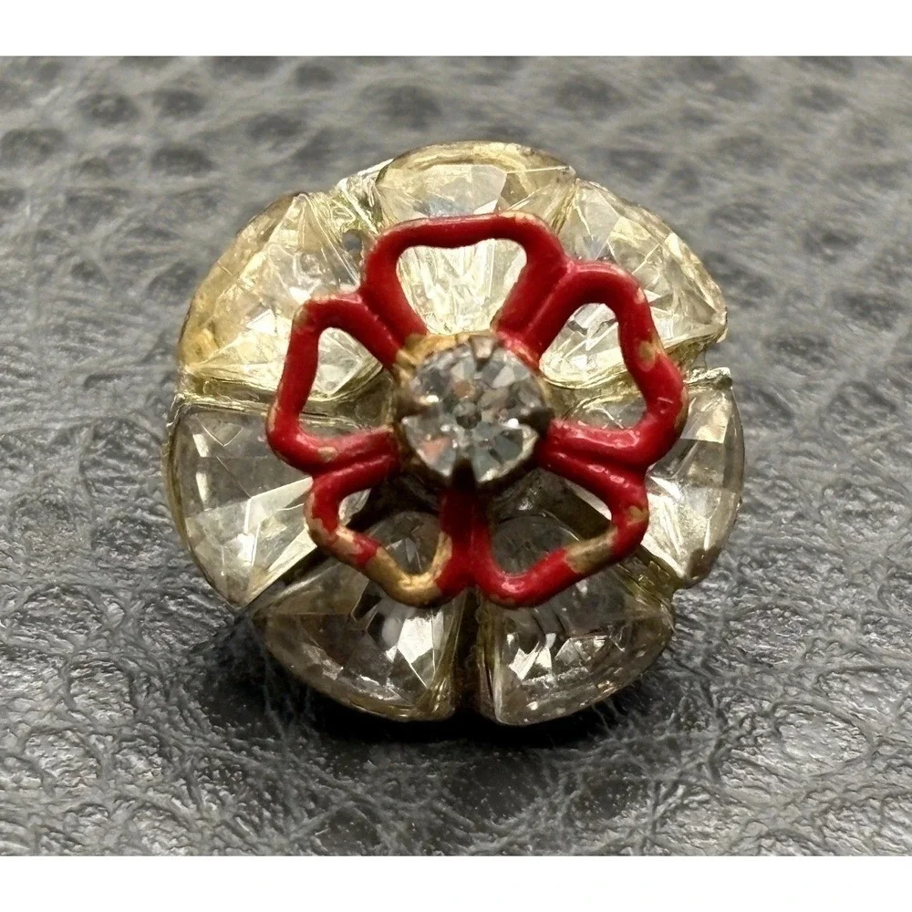Vintage Art Deco Pot Metal Keystone Rhinestone Crystal Red Enamel Flower Button